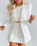 Long Sleeve Business Suits Double Breasted Two Piece Outfit Women Buttons Solid Color Work With Pockets Blazer And Skirt Set
