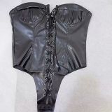 Fashion Tube Top Strapless Backless Eyelet Lace UP PU Leather Bodysuits