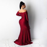 Solid Color Off Shoulder V Neck Split Evening Party Dresses
