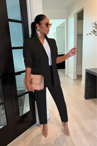 Women's 2 Piece Open Front Long Sleeve Blazer and Solid Long Pants Suit Sets