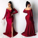 Solid Color Off Shoulder V Neck Split Evening Party Dresses