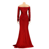 Solid Color Off Shoulder V Neck Split Evening Party Dresses