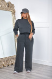 Solid Color Long Sleeve Loose Sports Sweatshirt Two Piece Pants Set