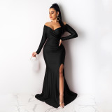 Solid Color Off Shoulder V Neck Split Evening Party Dresses