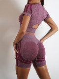 Seamless Pleated Yoga Clothes Two Piece Set Fitness Slimming Short Sleeve 2 Pieces