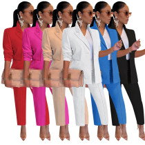 Women's 2 Piece Open Front Long Sleeve Blazer and Solid Long Pants Suit Sets