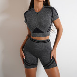Seamless Pleated Yoga Clothes Two Piece Set Fitness Slimming Short Sleeve 2 Pieces