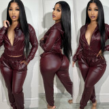 Sexy Women PU Leather Sets Hooded Jacket and Pencil Pants Casual Skinny 2 Two Piece Outfits 2023