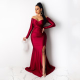 Solid Color Off Shoulder V Neck Split Evening Party Dresses