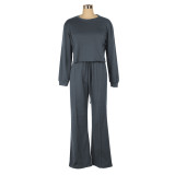 Solid Color Long Sleeve Loose Sports Sweatshirt Two Piece Pants Set