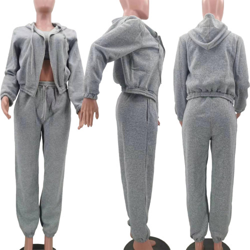 Solid Color Sweatshirt Hooded Sport Casual Three Piece Pants Set