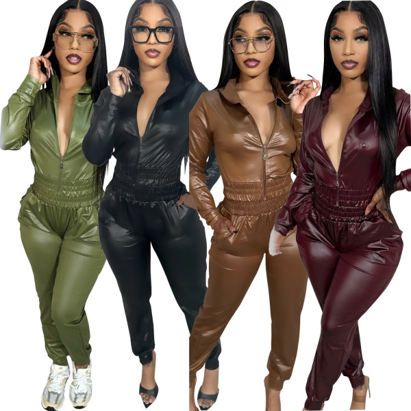 Sexy Women PU Leather Sets Hooded Jacket and Pencil Pants Casual Skinny 2 Two Piece Outfits 2023
