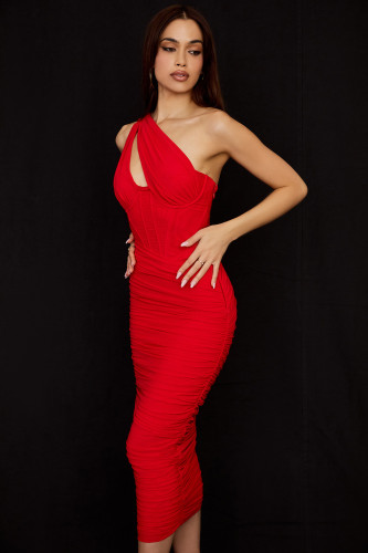 Summer Midi Mesh Dress Bodycon One Shoulder Eveining Night Party Dress