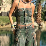 Gradient Color Neck Hanging Strap Vest with Zipper