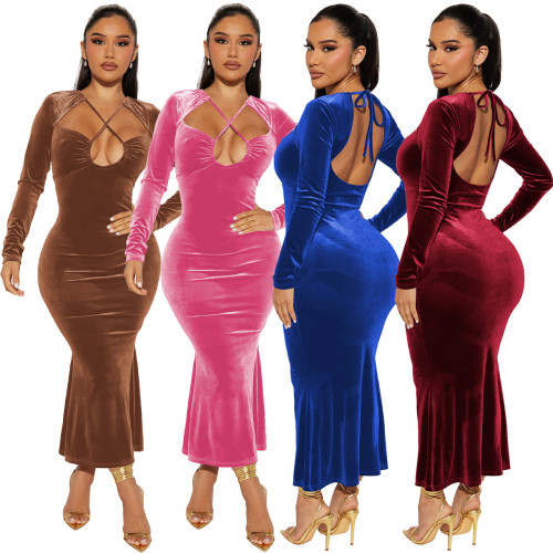 Fashion Halter Hollow Out Ruched Maxi Dresses