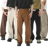 Simple Design and Mid High Waist Loose-fitting Straight Jeans