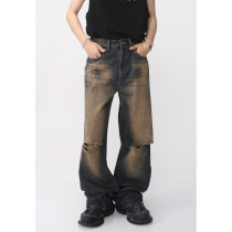 Men's Vintage Rusty Iron-Colored Distressed Frayed Edges and Holes Jeans