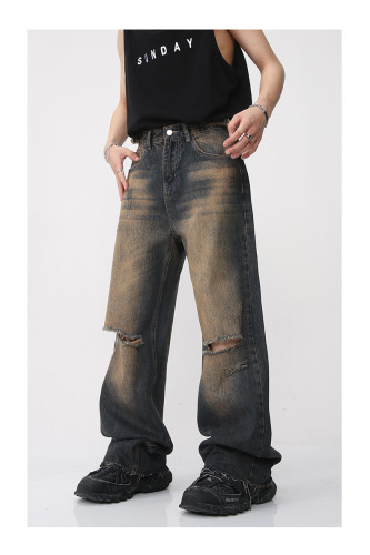 Men's Vintage Rusty Iron-Colored Distressed Frayed Edges and Holes Jeans