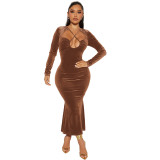 Fashion Halter Hollow Out Ruched Maxi Dresses