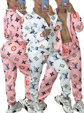 Fashion Print Zipper Jacket Two-piece set with Pockets