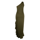 Evening Womens Ruched Maxi Dress Slim Shoulder One Formal Ruffle Dresses