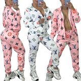 Fashion Print Zipper Jacket Two-piece set with Pockets