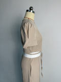 2023 Autumn Round Neck Puff Sleeve Top Lace Up Wide Leg Pants Casual Set