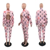 Fashion Print Zipper Jacket Two-piece set with Pockets