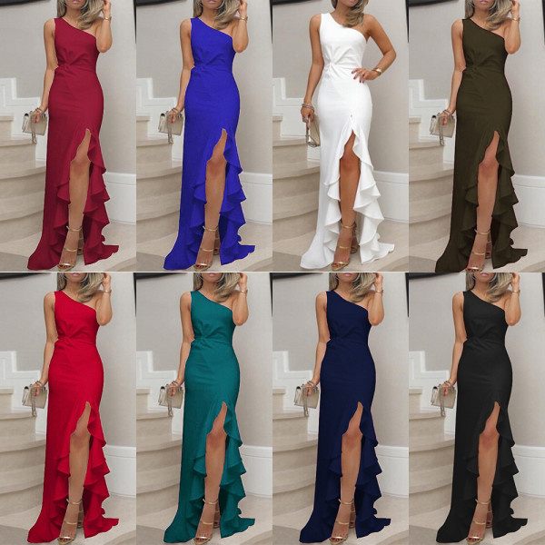 Evening Womens Ruched Maxi Dress Slim Shoulder One Formal Ruffle Dresses