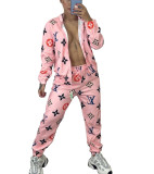 Fashion Print Zipper Jacket Two-piece set with Pockets