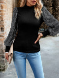 Women's New Autumn Half High Neck Fashion Long Sleeve Sequin Splice Women's Knitted Top