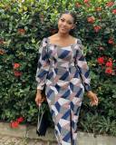 Blue Printed Plaid Long Sleeve Slit Midi Dress