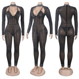 Women's Fashion Long Sleeves Mesh See Through Rhinestone Long Jumpsuit Party