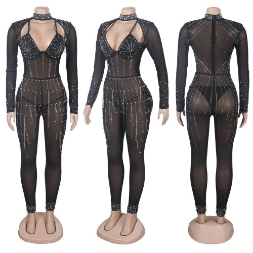 Women's Fashion Long Sleeves Mesh See Through Rhinestone Long Jumpsuit Party