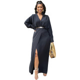 Black Slit Loose V Neck Long Dresses without Belt