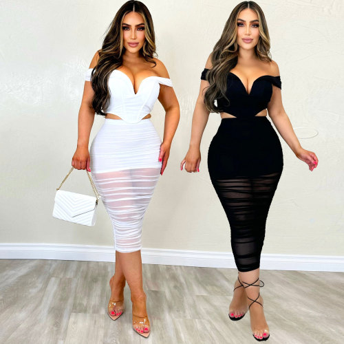 Seductive Elegance Sheer Detail Off Shoulder Design Mesh Patchwork Bodycon Dress Set