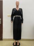 Black Slit Loose V Neck Long Dresses without Belt