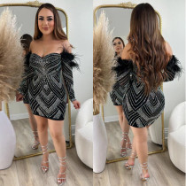 Sparkling Diamond Feather Stretch Off Shoulder Bodycon Dress