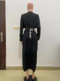 Black Slit Loose V Neck Long Dresses without Belt