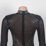 Women's Fashion Long Sleeves Mesh See Through Rhinestone Long Jumpsuit Party