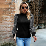 Women's New Autumn Half High Neck Fashion Long Sleeve Sequin Splice Women's Knitted Top