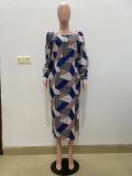 Blue Printed Plaid Long Sleeve Slit Midi Dress