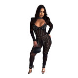 Women's Fashion Long Sleeves Mesh See Through Rhinestone Long Jumpsuit Party