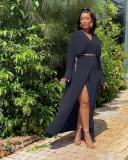 Black Slit Loose V Neck Long Dresses without Belt