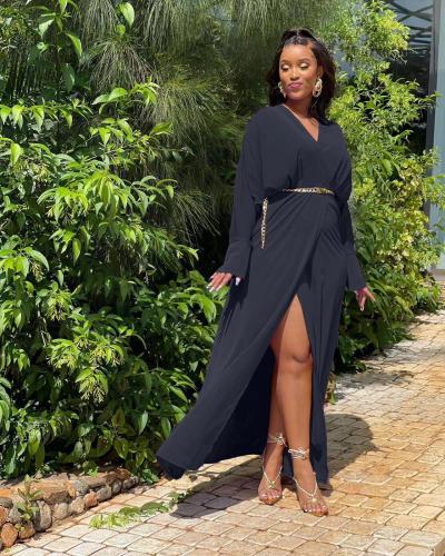 Black Slit Loose V Neck Long Dresses without Belt