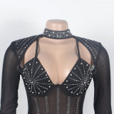 Women's Fashion Long Sleeves Mesh See Through Rhinestone Long Jumpsuit Party