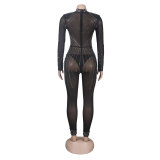 Women's Fashion Long Sleeves Mesh See Through Rhinestone Long Jumpsuit Party