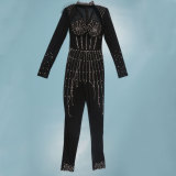 Women's Fashion Long Sleeves Mesh See Through Rhinestone Long Jumpsuit Party