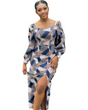 Blue Printed Plaid Long Sleeve Slit Midi Dress