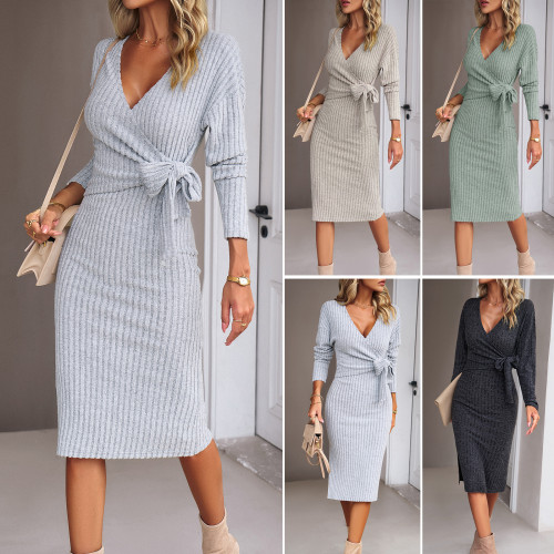 V-neck Long-Sleeved Knitted Wrap Midi Dress